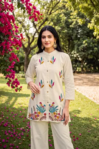 White embroidered khadi cotton 2 piece co-ord sets for women