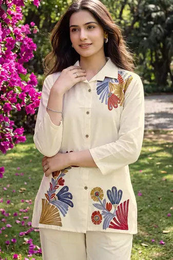 White embroidered khadi cotton 2 piece co-ord sets for women