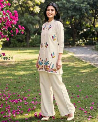 White embroidered khadi cotton 2 piece co-ord sets for women 3
