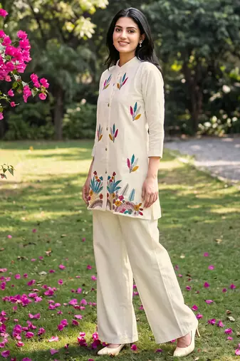 White embroidered khadi cotton 2 piece co-ord sets for women