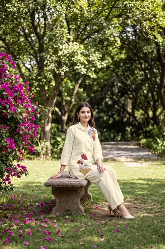 White embroidered khadi cotton 2 piece co-ord sets for women