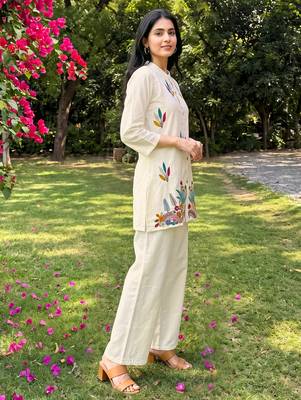 White embroidered khadi cotton 2 piece co-ord sets for women 4