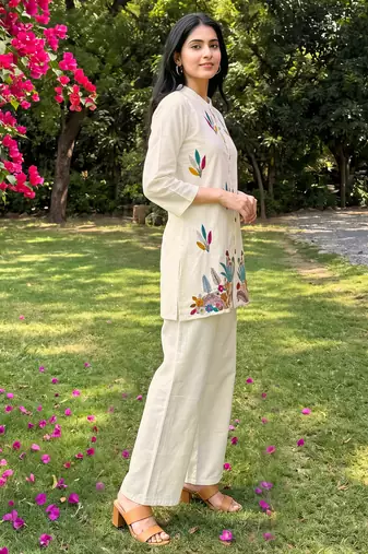 White embroidered khadi cotton 2 piece co-ord sets for women