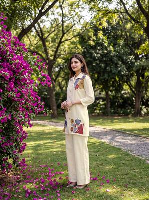 White embroidered khadi cotton 2 piece co-ord sets for women 4