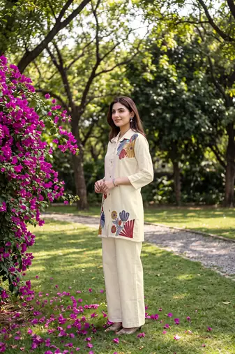 White embroidered khadi cotton 2 piece co-ord sets for women