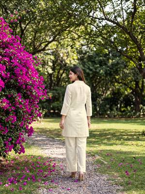 White embroidered khadi cotton 2 piece co-ord sets for women 5