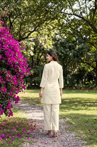 White embroidered khadi cotton 2 piece co-ord sets for women