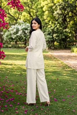 White embroidered khadi cotton 2 piece co-ord sets for women 5
