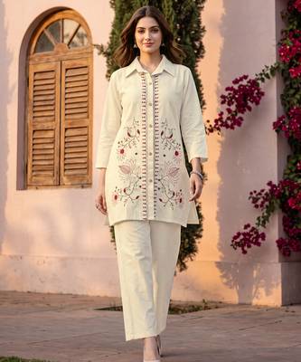 White embroidered khadi cotton 2 piece co-ord sets for women 1