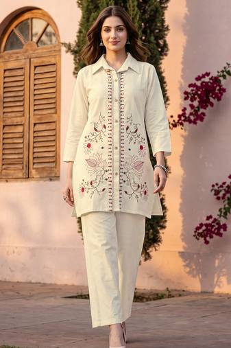 White embroidered khadi cotton 2 piece co-ord sets for women