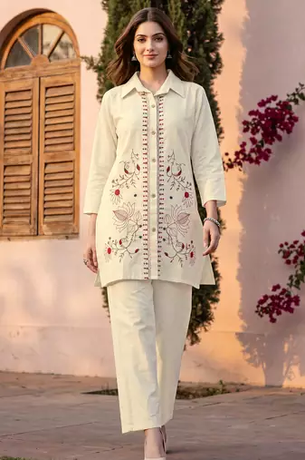 White embroidered khadi cotton 2 piece co-ord sets for women