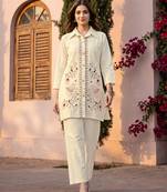 White embroidered khadi cotton 2 piece co-ord sets for women