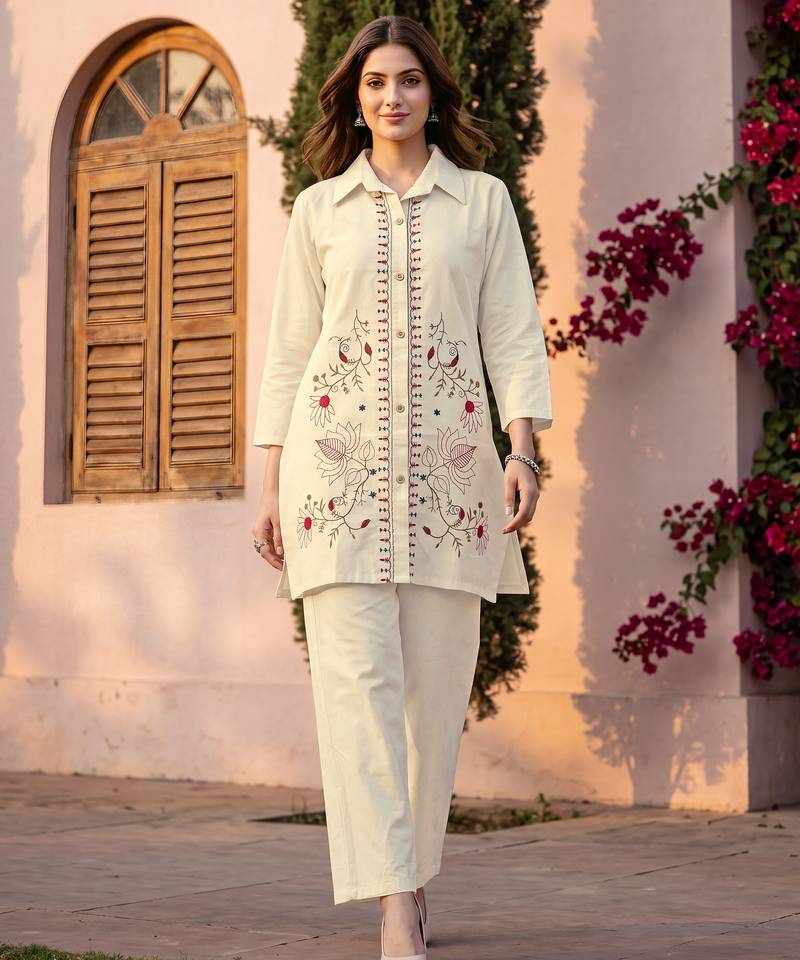White embroidered khadi cotton 2 piece co-ord sets for women