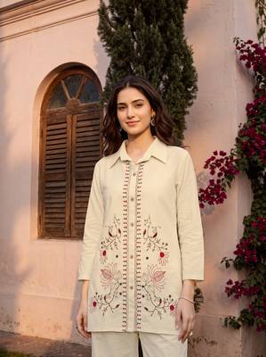 White embroidered khadi cotton 2 piece co-ord sets for women 2