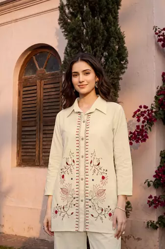White embroidered khadi cotton 2 piece co-ord sets for women
