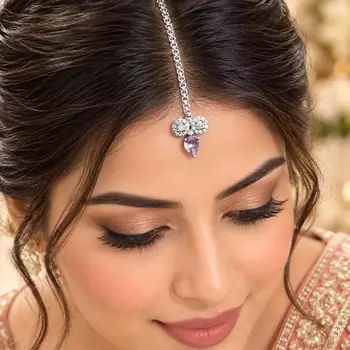 Purple Stone Maang Tikka, Silver Tone Kundan Style Bridal Headpiece 1
