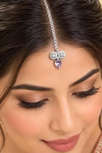 Purple Stone Maang Tikka, Silver Tone Kundan Style Bridal Headpiece