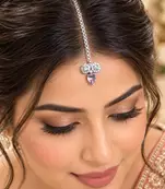Purple Stone Maang Tikka, Silver Tone Kundan Style Bridal Headpiece