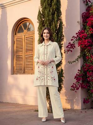 White embroidered khadi cotton 2 piece co-ord sets for women 3