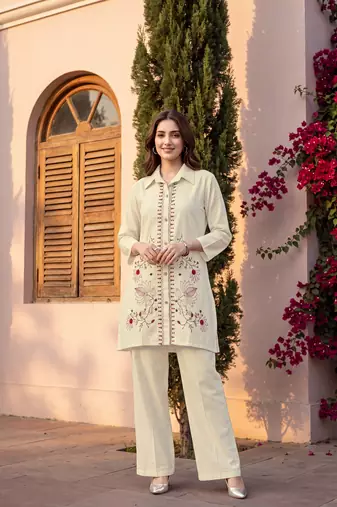 White embroidered khadi cotton 2 piece co-ord sets for women