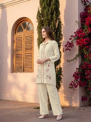 White embroidered khadi cotton 2 piece co-ord sets for women 4