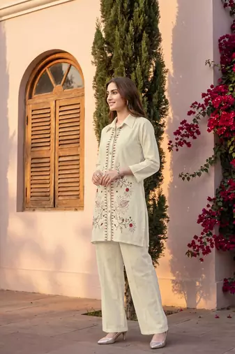 White embroidered khadi cotton 2 piece co-ord sets for women