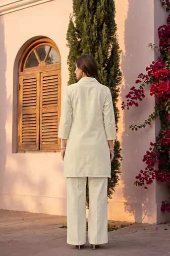 White embroidered khadi cotton 2 piece co-ord sets for women