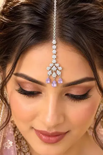 Lavender Crystal Maang Tikka, Indian Bridal Forehead Jewelry