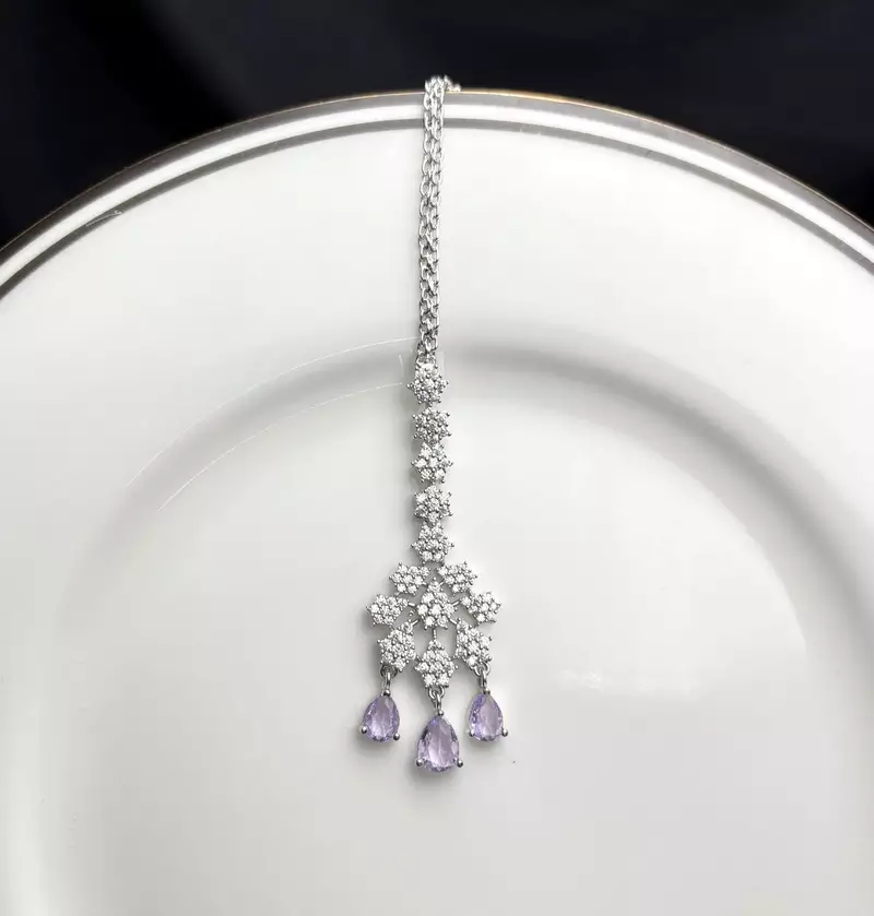 Lavender Crystal Maang Tikka, Indian Bridal Forehead Jewelry