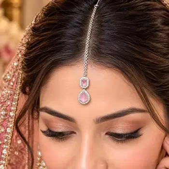 Pink Stone Maang Tikka, Silver Tone Chain, Indian Bridal Headpiece 1