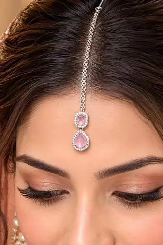 Pink Stone Maang Tikka, Silver Tone Chain, Indian Bridal Headpiece