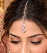 Pink Stone Maang Tikka, Silver Tone Chain, Indian Bridal Headpiece