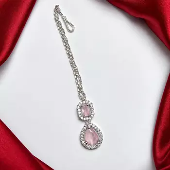 Pink Stone Maang Tikka, Silver Tone Chain, Indian Bridal Headpiece 2