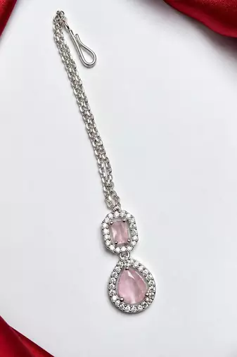 Pink Stone Maang Tikka, Silver Tone Chain, Indian Bridal Headpiece