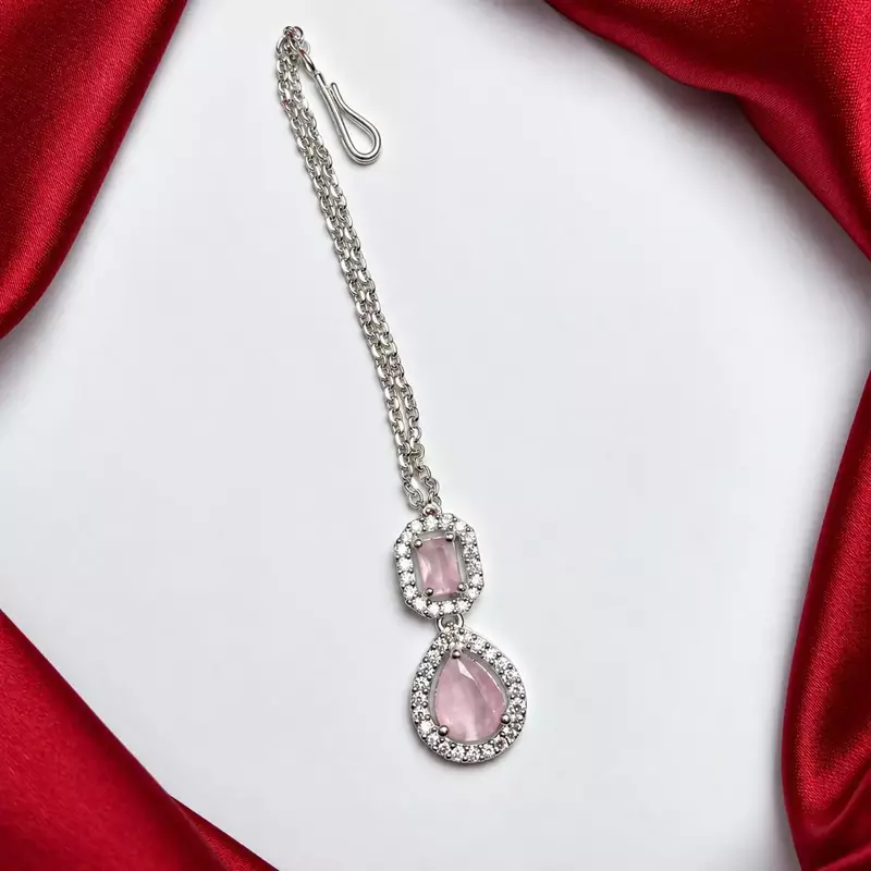 Pink Stone Maang Tikka, Silver Tone Chain, Indian Bridal Headpiece