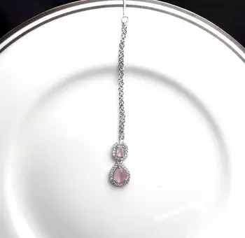 Pink Stone Maang Tikka, Silver Tone Chain, Indian Bridal Headpiece 3