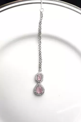 Pink Stone Maang Tikka, Silver Tone Chain, Indian Bridal Headpiece