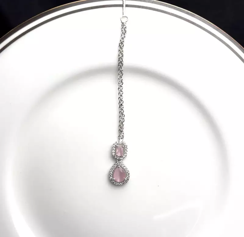 Pink Stone Maang Tikka, Silver Tone Chain, Indian Bridal Headpiece