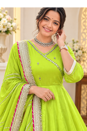 parrot green color mirror hand and gota pati work organza silk blend anarkali lehenga set  2