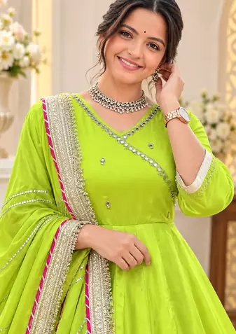 parrot green color mirror hand and gota pati work organza silk blend anarkali lehenga set 