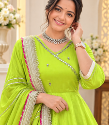 parrot green color mirror hand and gota pati work organza silk blend anarkali lehenga set 
