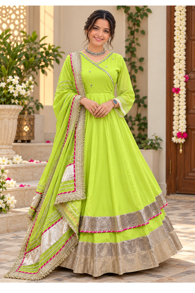 parrot green color mirror hand and gota pati work organza silk blend anarkali lehenga set  1