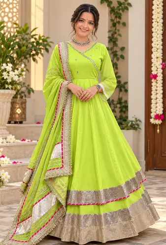 parrot green color mirror hand and gota pati work organza silk blend anarkali lehenga set 
