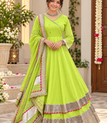 parrot green color mirror hand and gota pati work organza silk blend anarkali lehenga set 