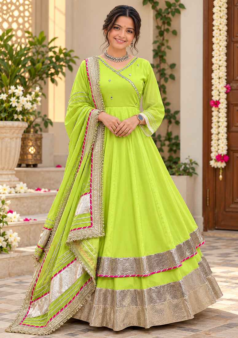 parrot green color mirror hand and gota pati work organza silk blend anarkali lehenga set 