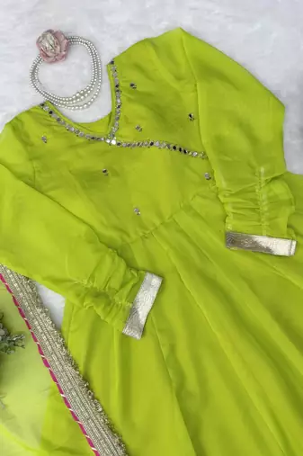 parrot green color mirror hand and gota pati work organza silk blend anarkali lehenga set 