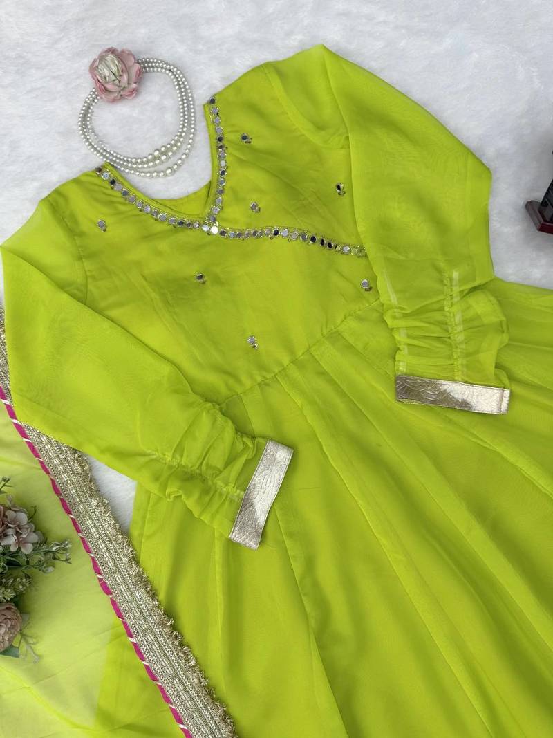 parrot green color mirror hand and gota pati work organza silk blend anarkali lehenga set 