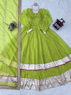 parrot green color mirror hand and gota pati work organza silk blend anarkali lehenga set  5