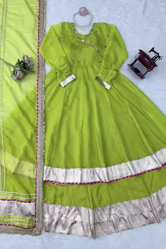 parrot green color mirror hand and gota pati work organza silk blend anarkali lehenga set 