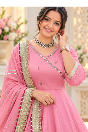 pink color mirror hand and gota pati work organza silk blend anarkali lehenga set  2